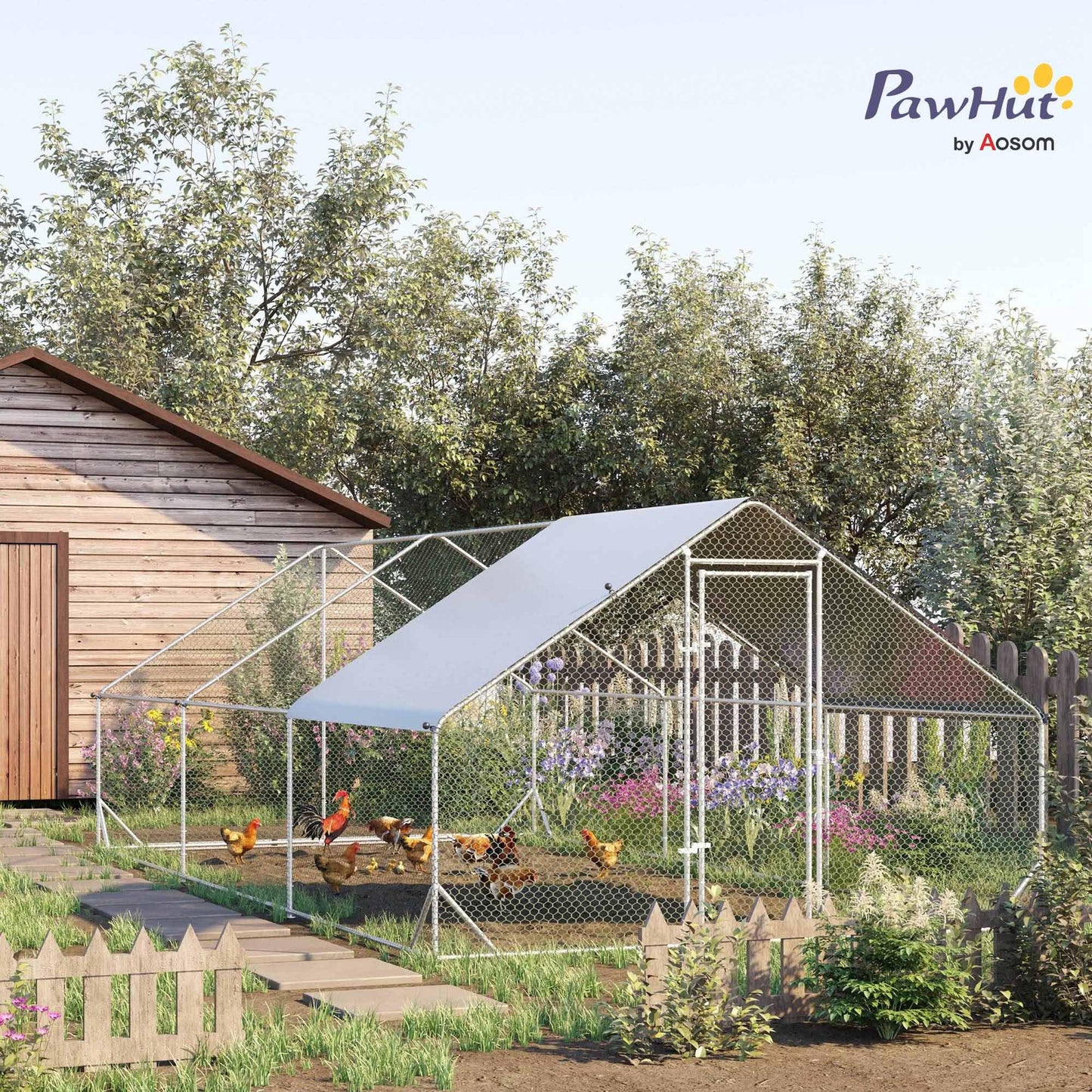 PawHut Large Chicken Coop Metal Chicken Run with Waterproof and Anti-UV Cover, Spire Shaped Walk in Fence Cage Hen House for Outdoor and Yard Farm Use, 1" Tube Diameter, 9.8' x 19.7' x 6.6'