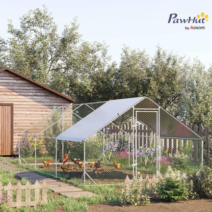 PawHut Large Chicken Coop Metal Chicken Run with Waterproof and Anti-UV Cover, Spire Shaped Walk in Fence Cage Hen House for Outdoor and Yard Farm Use, 1" Tube Diameter, 9.8' x 19.7' x 6.6'
