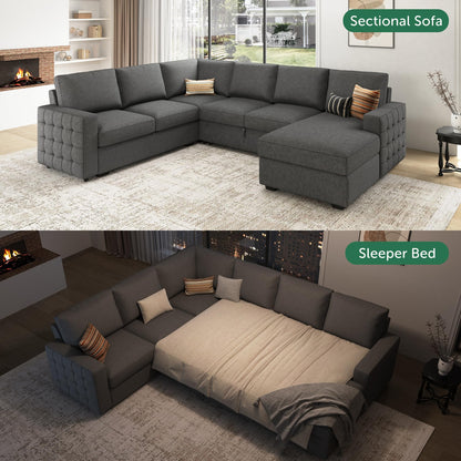 HONBAY Sectional Sleeper Sofa with Pull Out Bed U-Shape Sectional Couch Sleeper Bed with Storage Chaise 6 Seater Sleeper Sectional Sofa, Light Grey