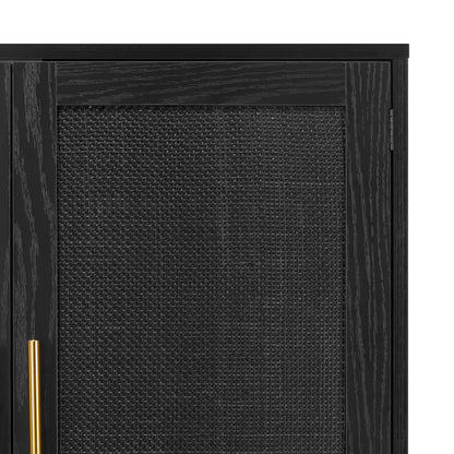 Finnhomy 4 Door Sideboard Buffet Cabinet, Kitchen Storage Buffet with Black Painted Rattan Decorated Doors, Cupboard Console Table, Boho Accent Liquor Cabinet, 62.3X 15.7X 34.6 Inches, Full Black