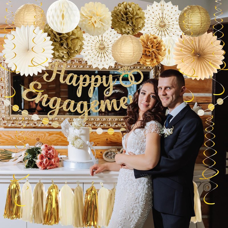Roetyce Engagement Party Decorations, Gold Glitter Happy Engagement Banner, Almost Married/Just Engaged Photo Background, Congratulations Wedding Bachelorette Backdrop Decor