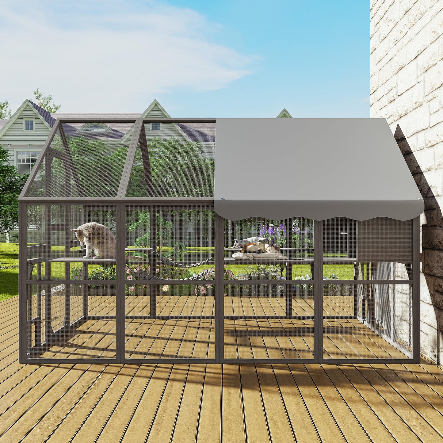 Fansafurn Extra Large Catio – Walk-in Outdoor Cat Enclosure for Multiple Cats, 110" Multi-Level Wood Cat Patio Playpen with Weatherproof Roof, Bridges, Condos and Door Access