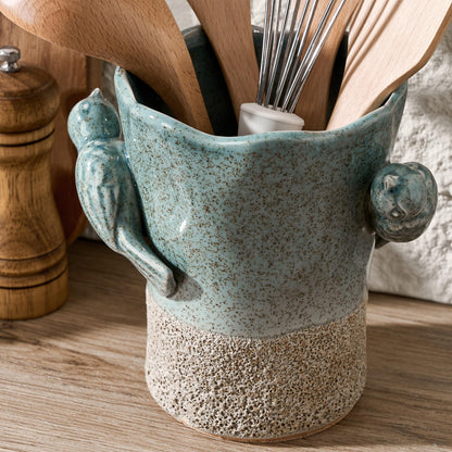 6.38“H Utensil Holder for Kitchen Counter, Modern Farmhouse Cooking Utensil Holder and Crock Home Kitchen Decor, Ceramic Utensil Organizer for Spatula, Ladle, Eggbeater, Rolling Pin- Blue and Brown