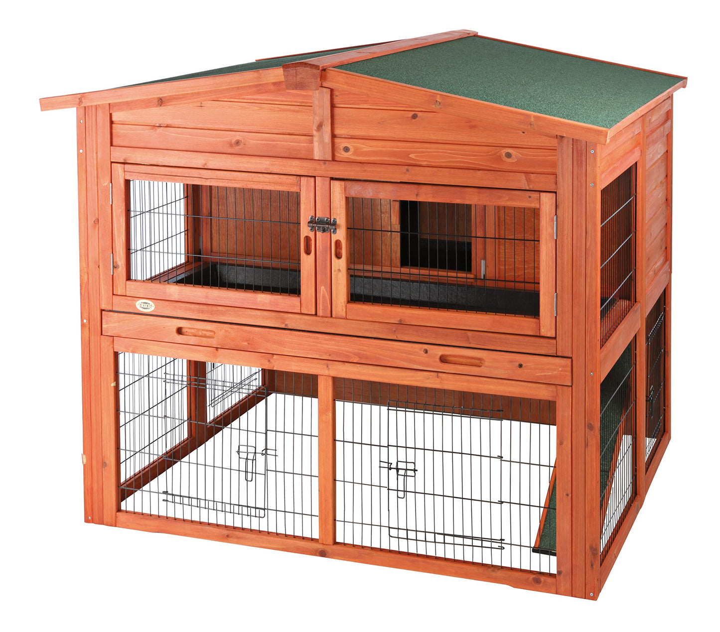 TRIXIE natura Outdoor Deluxe Rabbit Hutch with Run - Large 2-Story Rabbit Cage with Non-Slip Ramp - Elevated Small Animal House with Secure Playpen, Hinged Roof & Two Pull-Out Trays - in Natural