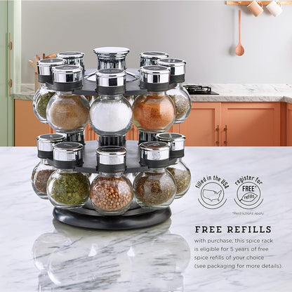 16 Countertop Kamenstein Ellington Jar Revolving Spice Rack with Prefilled Spices - Rotating Chrome and Plastic