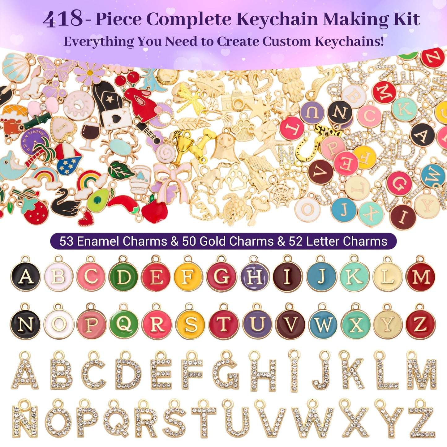 Koruhi 418pcs Charms Lip Gloss Keychain Making Kit,Cute Gold DIY Keychain Supplies Including Organizer Box,Pliers, Tassels, Enamel Letter Charms,Complete Key Chain Kits for DIY Craft Gifts(418, Gold)