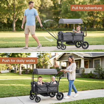 Evolur Trailblazer Wagon Double Stroller in Grey, Foldable Infant and Toddler Stroller Wagon, 5-Point Harness, Removable Canopy, All-Terrain Wheels, Spacious Storage for 2 Kids
