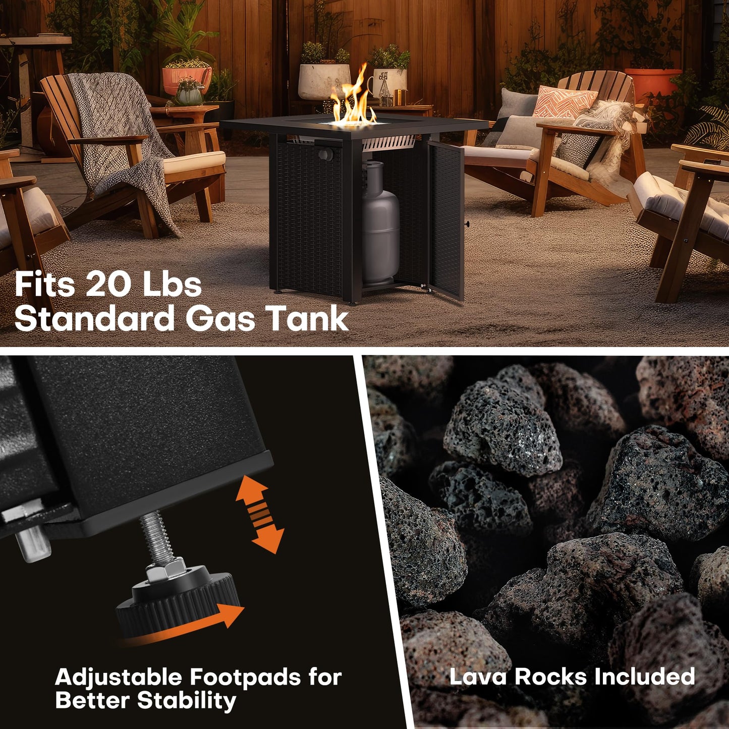 Propane Fire Pit, 50,000 BTU Gas Fire Pits for Outside Patio, 28'' Steel Table Top Firepit with Lid and Lava Rock, Outdoor Table Heater for Deck, Garden, Backyard, Black