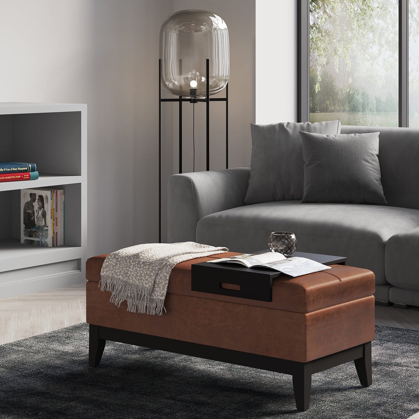 SIMPLIHOME Oregon Storage Ottoman Bench with Tray - 42 inch Wide Vegan Leather Rectangle Storage Ottoman Bench in Distressed Saddle Brown, Transitional Tufted Ottoman for Living Room with Lift-Up Lid