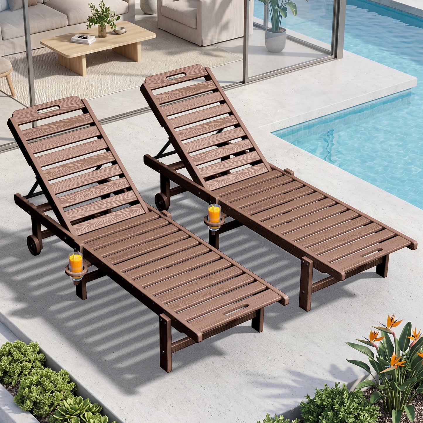 KINGYES Outdoor Armless Chaise Lounge Set of 2, HDPE Pool Lounge Chairs with Cup Holder & Wheels, Patio Lounger Chairs for Poolside, Brown