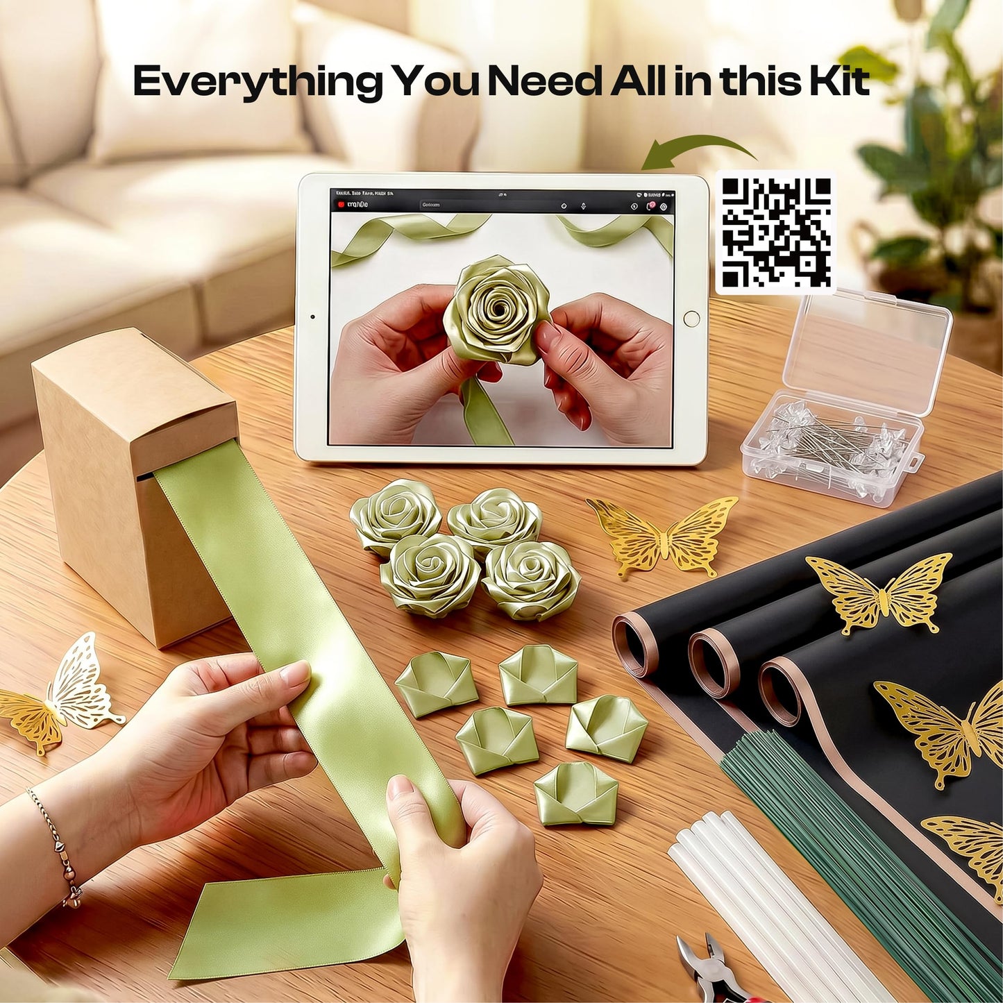 Caydo 1-1/2 Inch Satin Ribbon Flower Making Kit for Birthday Gifts, 50 Yards Sage Green Ribbon with Floral Stem Wire, Wrapping Paper, Glue Stick, 3D Butterfly and Diamond Pins