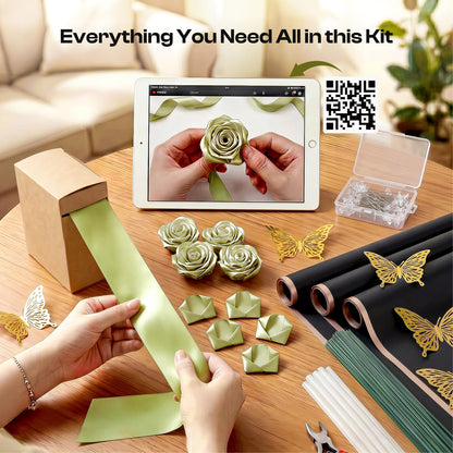 Caydo 1-1/2 Inch Satin Ribbon Flower Making Kit for Birthday Gifts, 50 Yards Sage Green Ribbon with Floral Stem Wire, Wrapping Paper, Glue Stick, 3D Butterfly and Diamond Pins