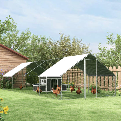 PawHut Large Chicken Coop Metal Chicken Run with Waterproof and Anti-UV Cover, Spire Shaped Walk in Fence Cage Hen House for Outdoor and Yard Farm Use, 1" Tube Diameter, 9.8' x 26.2' x 6.6'