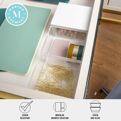 Martha Stewart Brody Plastic Storage Organizer Bins with Engineered Wood Lid, 3 Pack Small (3.75" x 3", Clear/White)