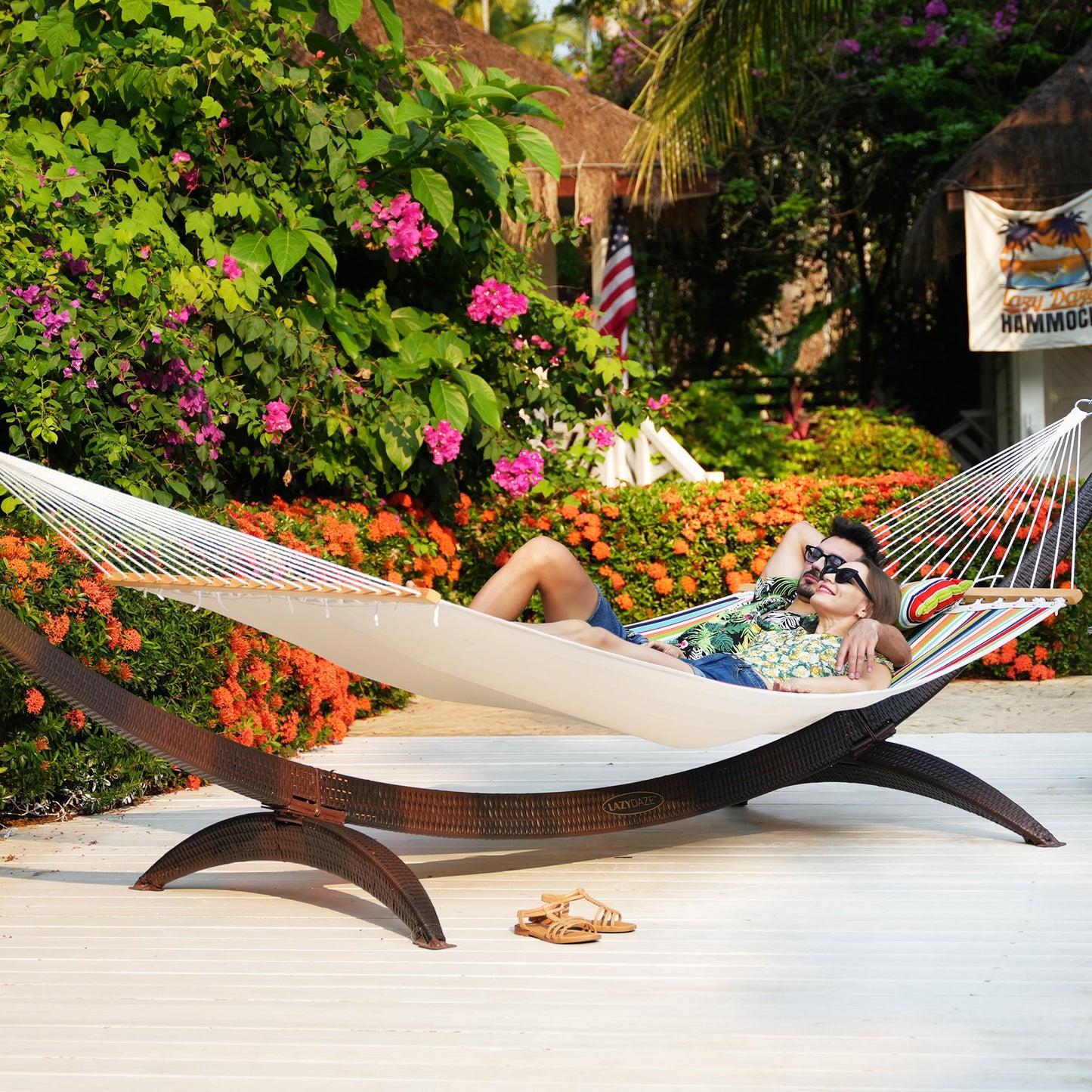 Lazy Daze Hammocks 12 FT Sunbrella Fabric Quilted Hammock Double Sunbrella Quilted Hammock with Spreader Bars & Pillow, All Weather and Fade Resistant for Outdoor, 450 lbs Capacity, Carousel Confetti