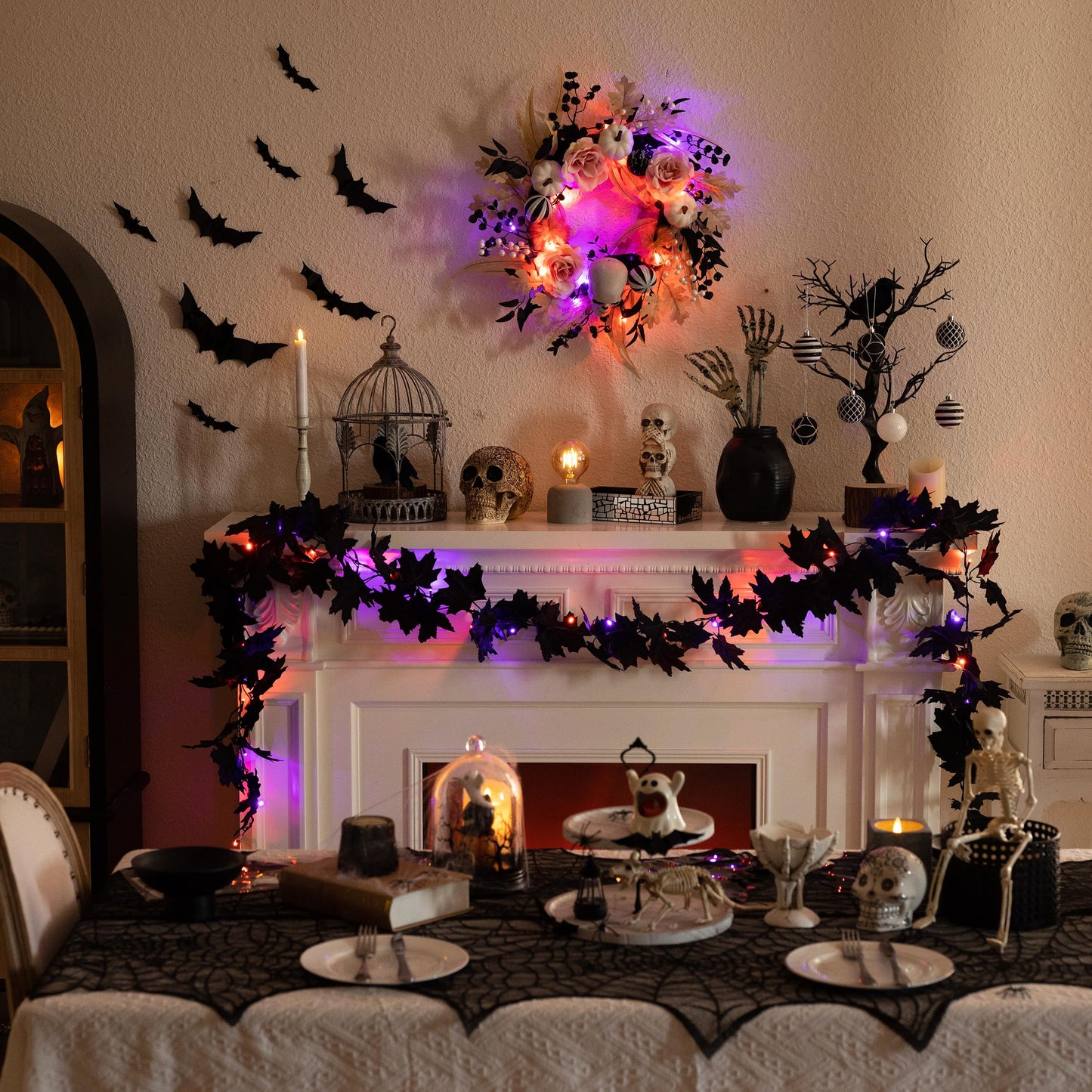 Valery Madelyn 18 Inch Halloween Wreath for Front Door with Lights, Pre-Lit Fall White Pumpkin Skull Wreath Pink Roses Halloween Decorations for Home Porch Table Centerpiece Party Holiday Autumn Decor