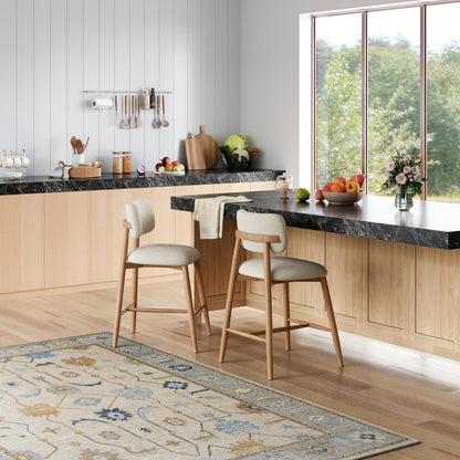 Christopher Knight Home Mundo Counter Height Bar Stools Set of 2, Fabric Upholstered Counter Stools and Curved Backrest, Rubberwood Kitchen Island Armchair with Splayed Legs, Beige + Natural