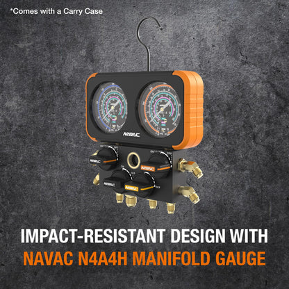 NAVAC N4A4H Manifold Gauge | Class 1.0 Accuracy | Impact-Resistant HVAC Gauge | Aluminum Body and Rubber Cover | Easy-to-Read Analog Display | 4 Valves | with Hoses | 1 Year Warranty