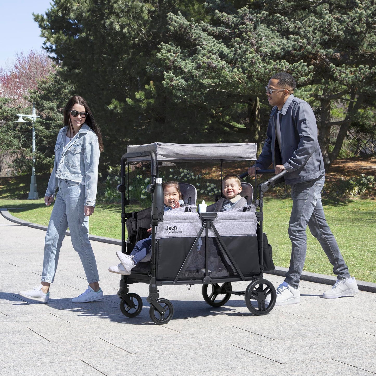 Delta Children - Jeep Aries Stroller Wagon - Premium Wagon for 2 Kids with Convertible Seats, Adjustable Push/Pull Handles, Removable Canopy & Flat Fold - Greenguard Gold Certified, Grey