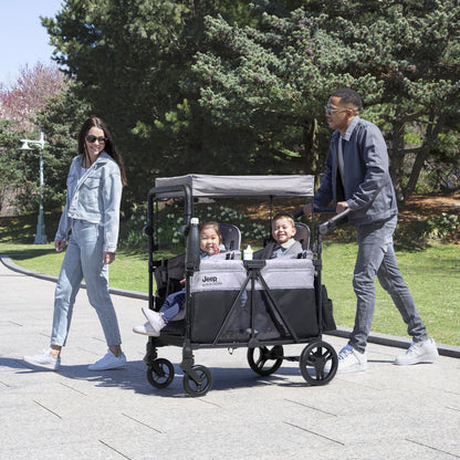 Delta Children - Jeep Aries Stroller Wagon - Premium Wagon for 2 Kids with Convertible Seats, Adjustable Push/Pull Handles, Removable Canopy & Flat Fold - Greenguard Gold Certified, Grey