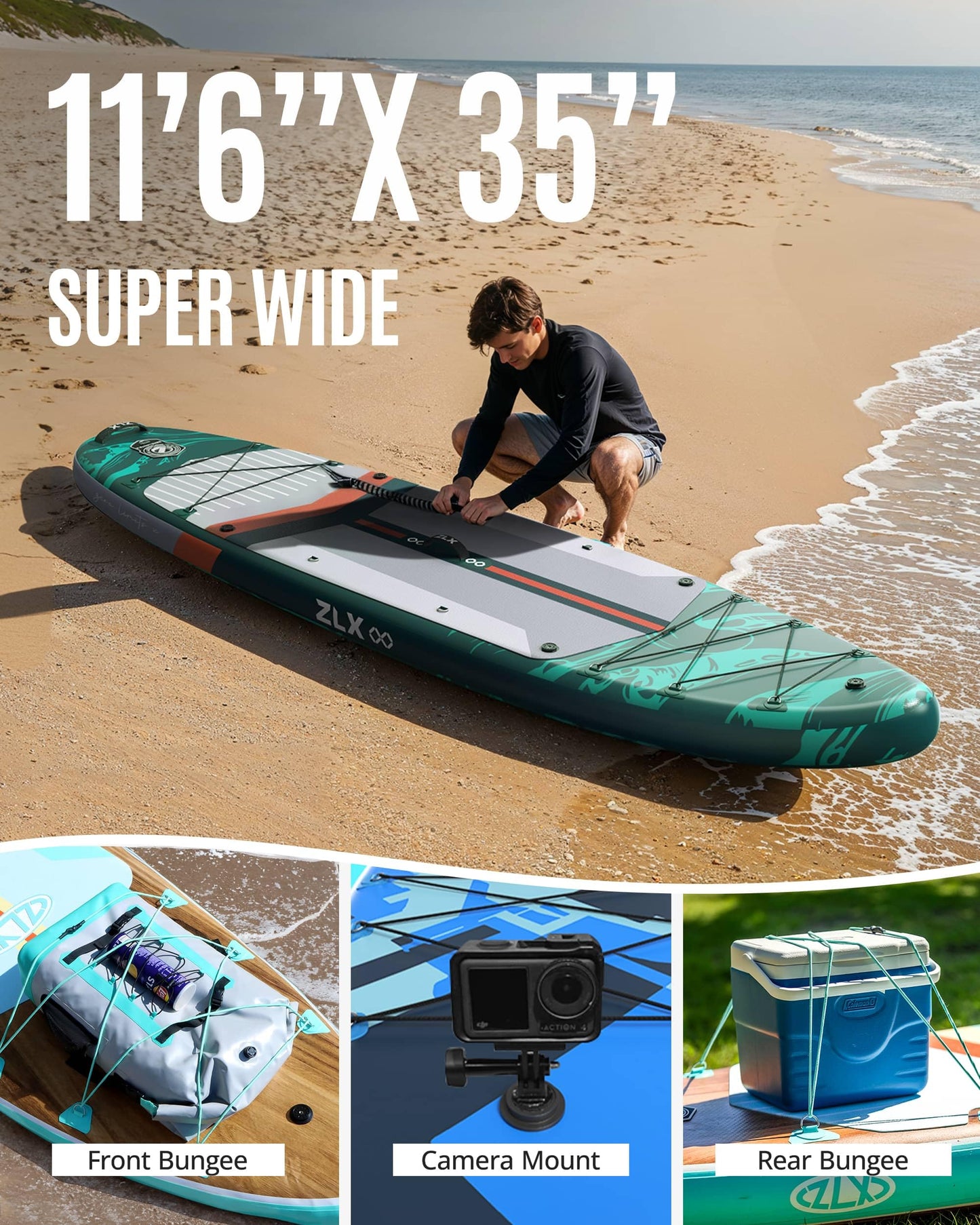 ZLX 11'6"x35" Ultra Wide Inflatable Stand Up Paddle Board | Stable Non-Slip Deck Pad, Unique Fin System, Premium SUP Accessories & Backpack - Upgraded Pump for Adults, All Skill Levels