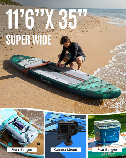 ZLX 11'6"x35" Ultra Wide Inflatable Stand Up Paddle Board | Stable Non-Slip Deck Pad, Unique Fin System, Premium SUP Accessories & Backpack - Upgraded Pump for Adults, All Skill Levels