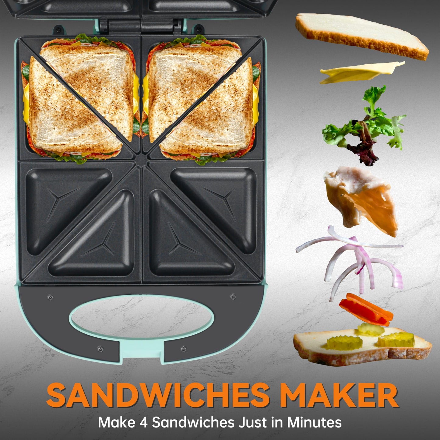 Baker’s Friend Breakfast Sandwich Maker, 4 Slices of Panini Grill Press Sandwich Maker, Electric Sandwich Maker with Indicator Light, Grill Cheese & Egg Muffin Sandwich Maker, Aqua