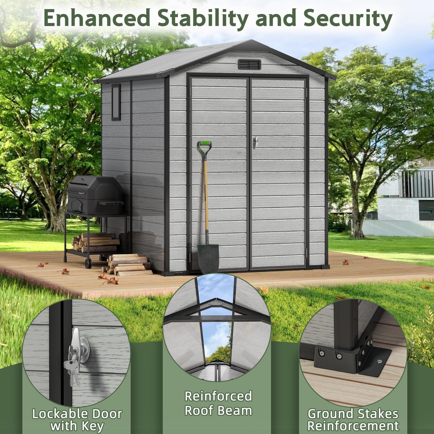 6x6 FT Plastic Outdoor Storage Shed with Transparent Roof, Easy Assembly Resin Shed with Floor Lockable Shed with Double Doors for Your Backyard Garden Patio Lawn