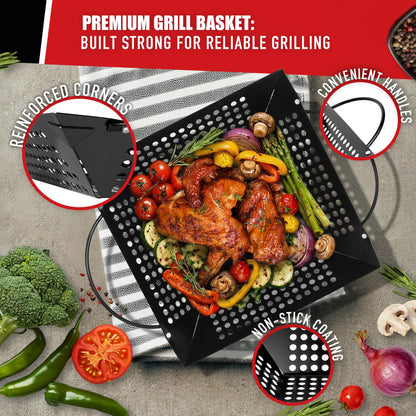 Qetumst Large 3 Piece Grill Basket Set for Outdoor Grill, Heavy Duty Veggie Grilling Pan with Riveted Handles, Warp Resistant Nonstick BBQ Accessories for Vegetables, Seafood & Meat