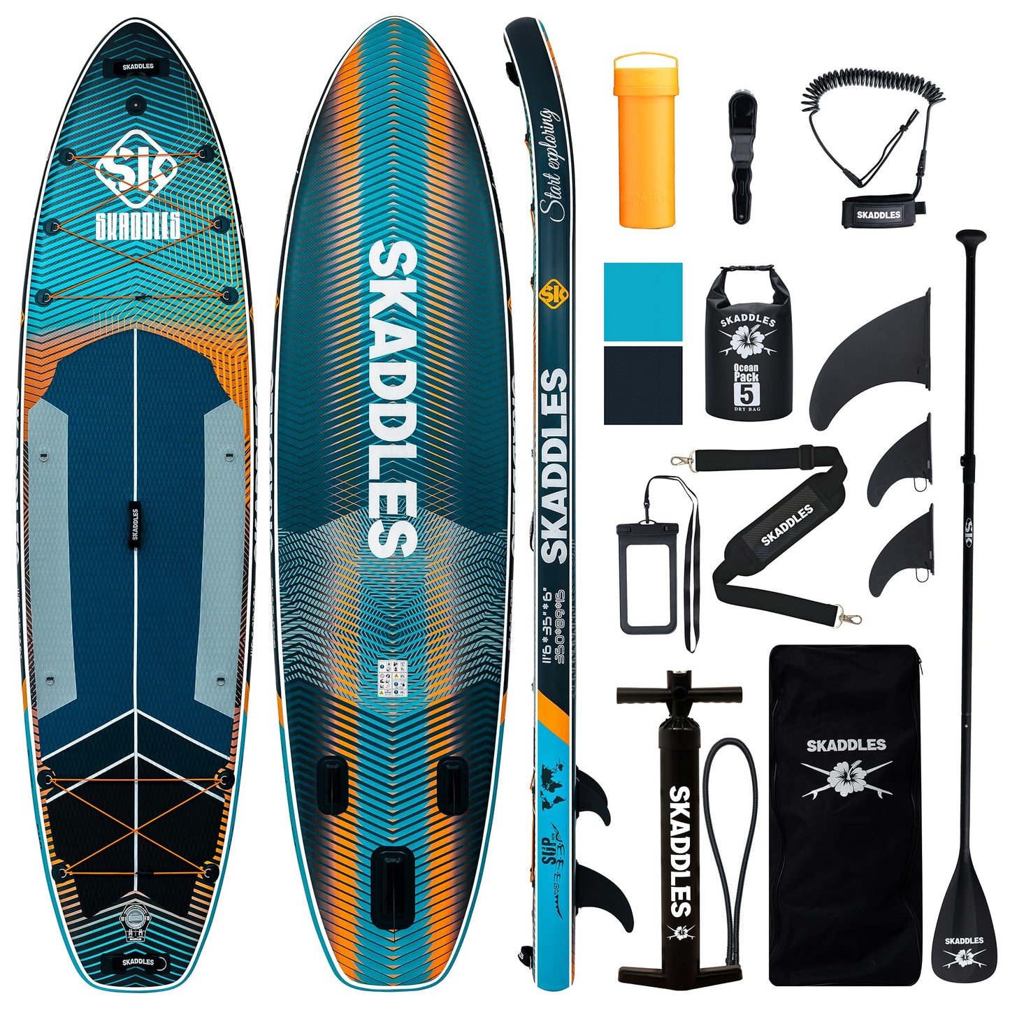 SKADDLES 11’6 × 35" Inflatable SUP–Super Wide, Stable Stand Up Paddle Board for Adults, Youth, Family & Pets, High Weight Capacity, Non-Slip EVA Deck, Premium Accessories (FLASHLINE · Electric Minnow)