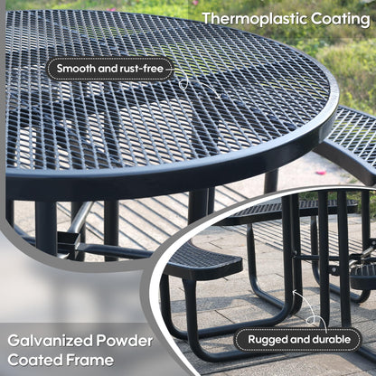 Sunnibety 8-Person Picnic Tables for Outdoors, Industrial 46" Expanded Metal Round Picnic Table with 4 Benches & Umbrella Hole, Outside Table and Bench Set for Park, Garden, Backyard, Patio, Black