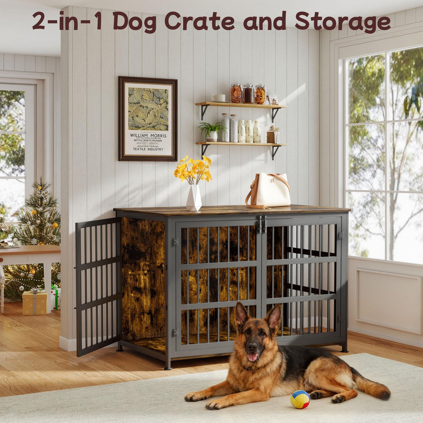 CABZOON 46'' Dog Crate Furniture Large Breed Dog Crate Dog Kennels for Inside Wooden Dog Crates End Table Heavy Duty Indoor Combination Cage for Medium to Large Dogs Walnut
