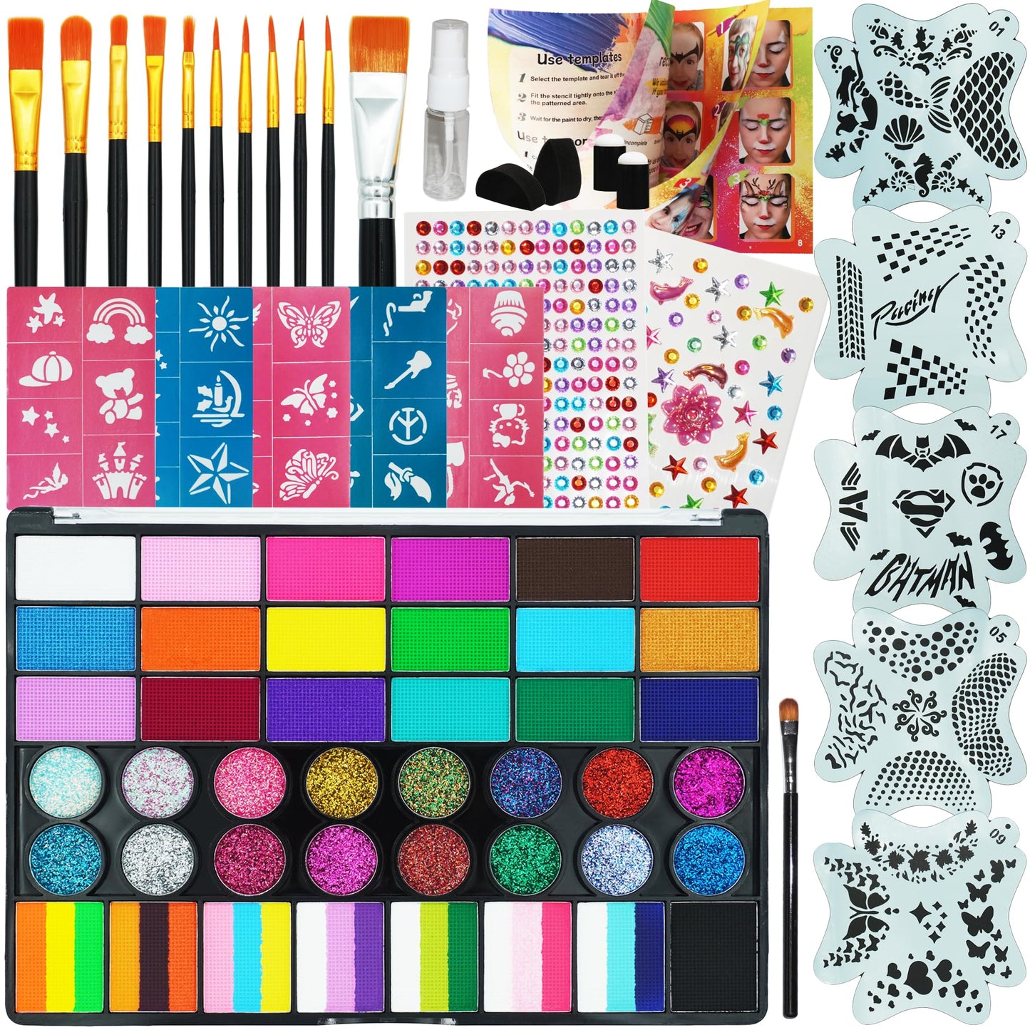 42 Color Face Painting Kit - Non-Toxic Water Activated Face & Body Paint Set with Stencils, Brushes, Sponges - For Halloween, Carnival, Birthday Parties, Costume Makeup, Festivals & Events