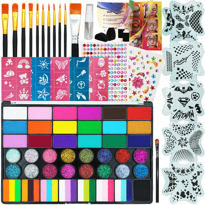 42 Color Face Painting Kit - Non-Toxic Water Activated Face & Body Paint Set with Stencils, Brushes, Sponges - For Halloween, Carnival, Birthday Parties, Costume Makeup, Festivals & Events
