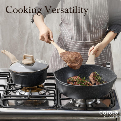 CAROTE 12 Inch Nonstick Deep Frying Pan with Lid, 5.5 Qt Jumbo Cooker Saute Pan with Pour Spout, Skillet Induction Cookware, Non Stick Cooking Pan PFOA Free, Classic Granite