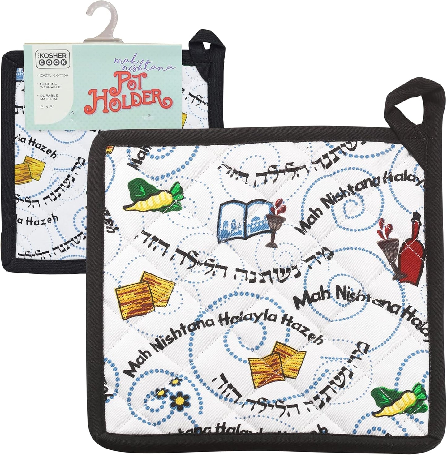Pesach Pot Holder - Mah Nishtana Four Questions Print Design - 100% Cotton for Passover Seder and Kitchen Tools
