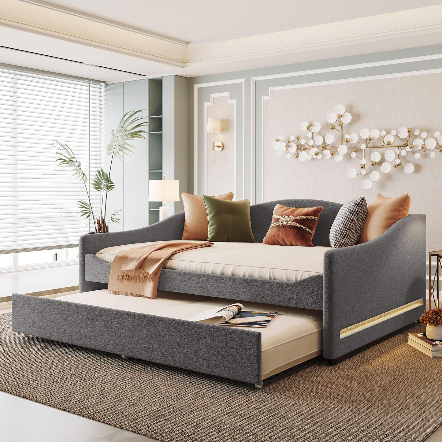 Merax Full Size Upholstered Daybed with Light and Trundle, Gray Teddy Fleece Sofa Bed Modern Wooden Platform Bed Frame for Bedroom, Living Room, Guest Room, Apartment
