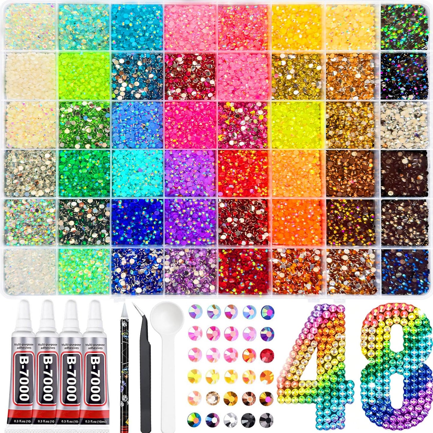 PNTNQA 48,000Pcs 48 Colors Jelly AB Rhinestones for Bedazzling, 3mm Resin Flatback Gems Bedazzling Kit with 4Pcs B-7000 Glue, Pickup Pen & Tweezers for Crafts, Nail Art, Clothes, Shoes, Tumblers, DIY