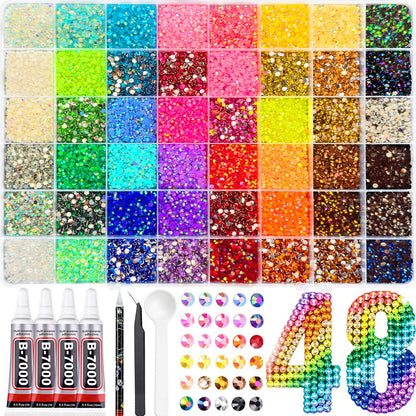 PNTNQA 48,000Pcs 48 Colors Jelly AB Rhinestones for Bedazzling, 3mm Resin Flatback Gems Bedazzling Kit with 4Pcs B-7000 Glue, Pickup Pen & Tweezers for Crafts, Nail Art, Clothes, Shoes, Tumblers, DIY
