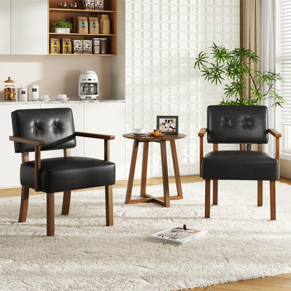 Garvee Mid-Century Accent Chair Set of 2 with Wood Frame, PU Leather Upholstered Lounge Arm Chair with Classic Button Tufting Reading Leisure Chair for Living Room, Bedroom, Balcony, Black