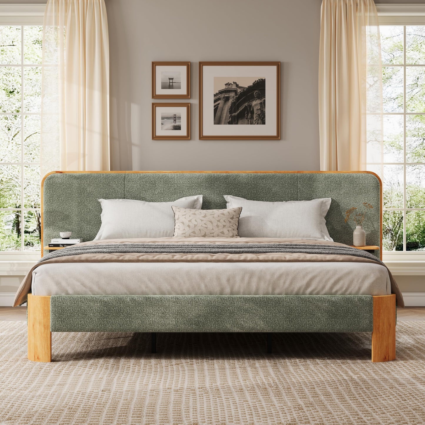 Christopher Knight Home Lana Boucle Upholstered King Bed Frame and Headboard, King Size Bed Frame with Built-in Floating Shelves, Metal + Wooden Slats Support, No Box Spring Needed, Green + Natural