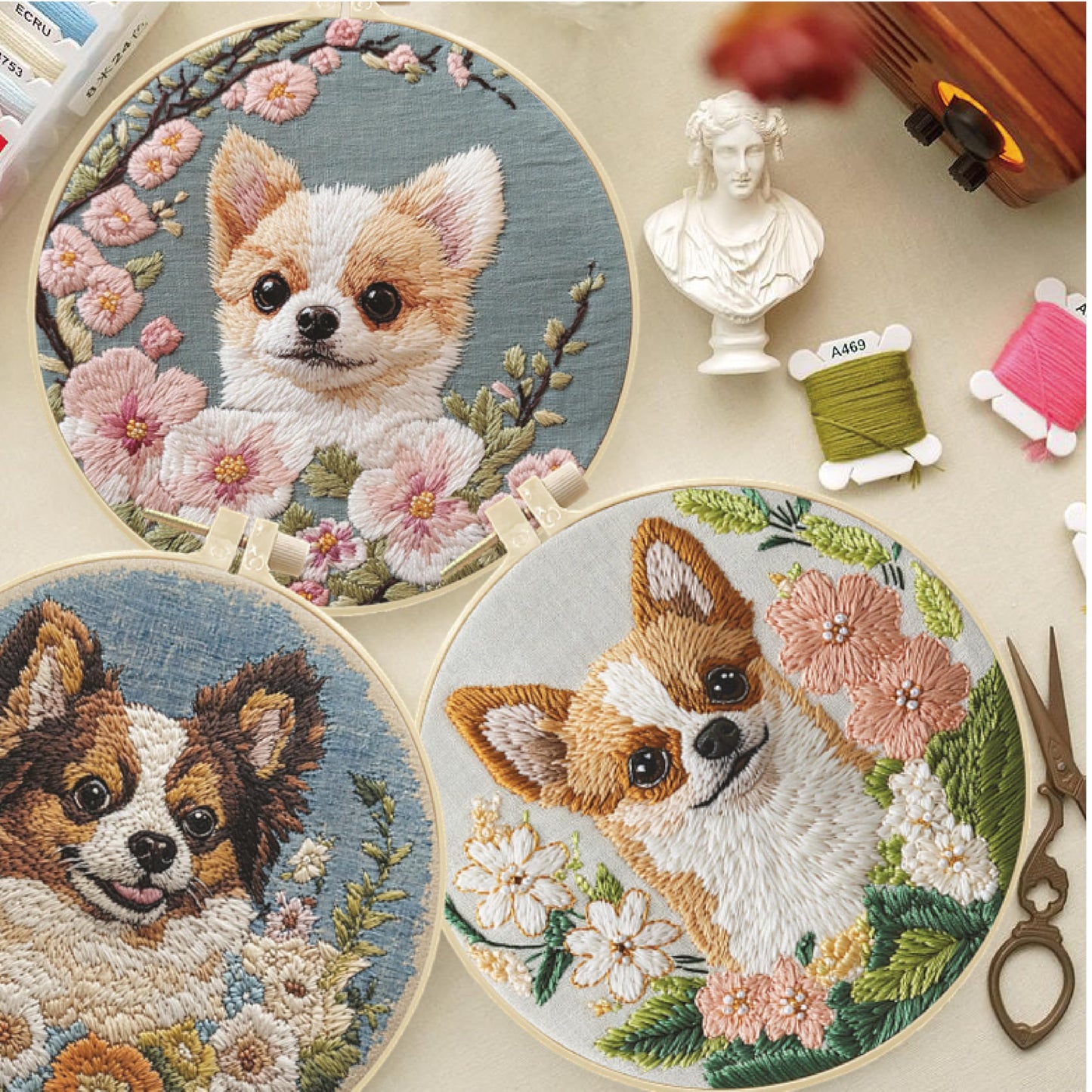 HCANPER Cute Dog Embroidery Starter Kit,DIY Needle Punch Kit, Punch Needle Kits for Beginners,Include Pre-Printed Fabric,Tools,Embroidery Hoop,Threads,Easy for Adults and Children. (Pink)