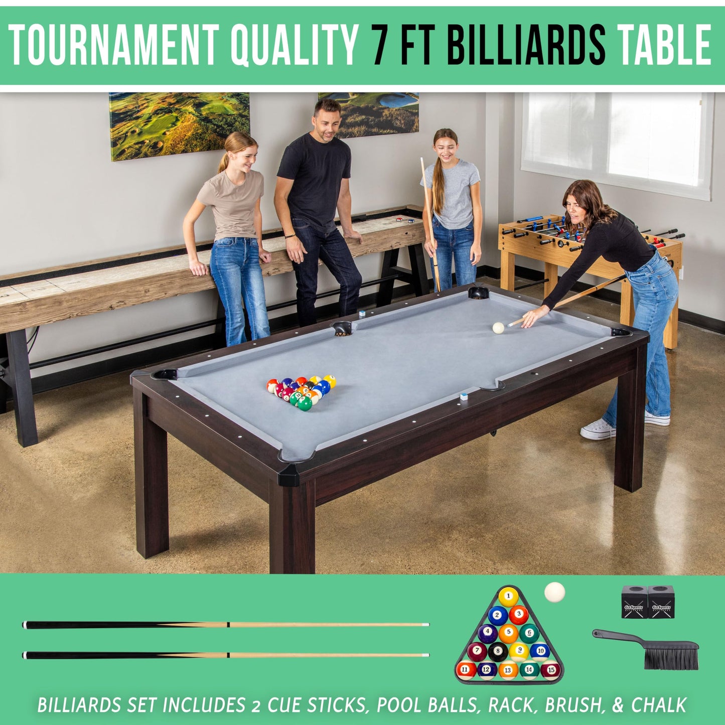 GoSports 7 ft 3 in 1 Pool, Dining, & Table Tennis Combo Table - Convertible Top Game Table with Billiards and Table Tennis Accessories