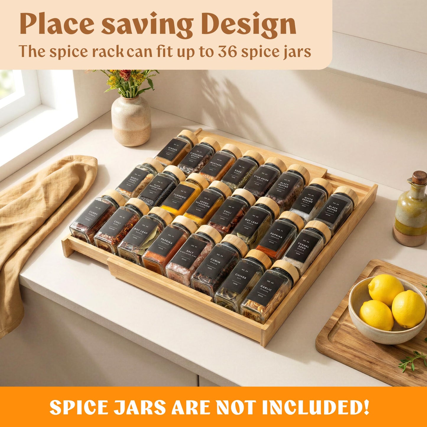 EDELHAUS Bamboo Spice Drawer Organizer - Expandable 4 Tier Spice Rack (Need 3" Deep Drawer) 12" to 24" Wide, Seasoning Organizer, Organization Seasoning Rack insert (Jars Not Included)