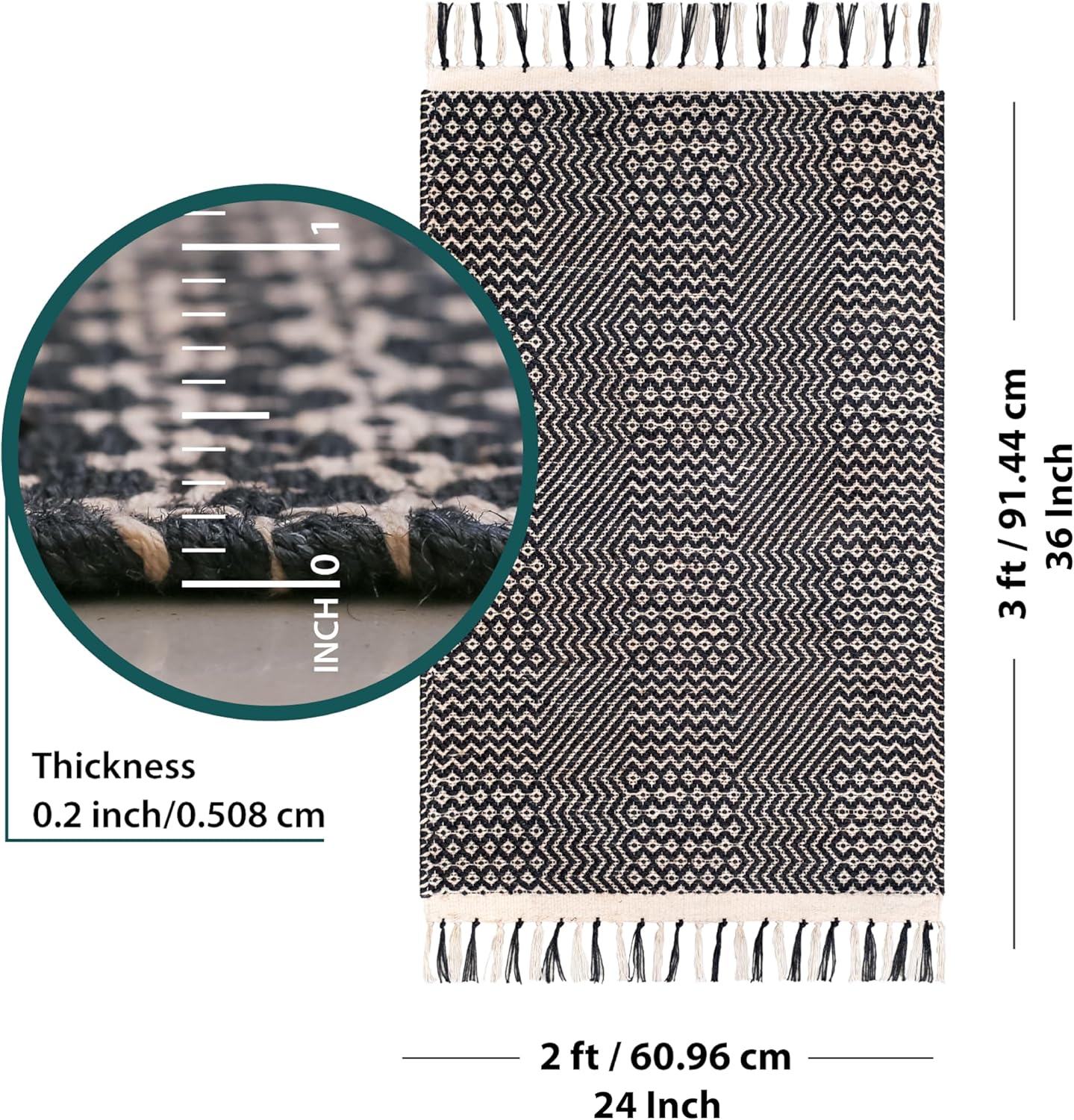 Hand Woven Jute Natural Area Rug 2x3 ft - Wavy Diamond Design for Living Rooms, Kitchen, Bedroom & Dining Decor