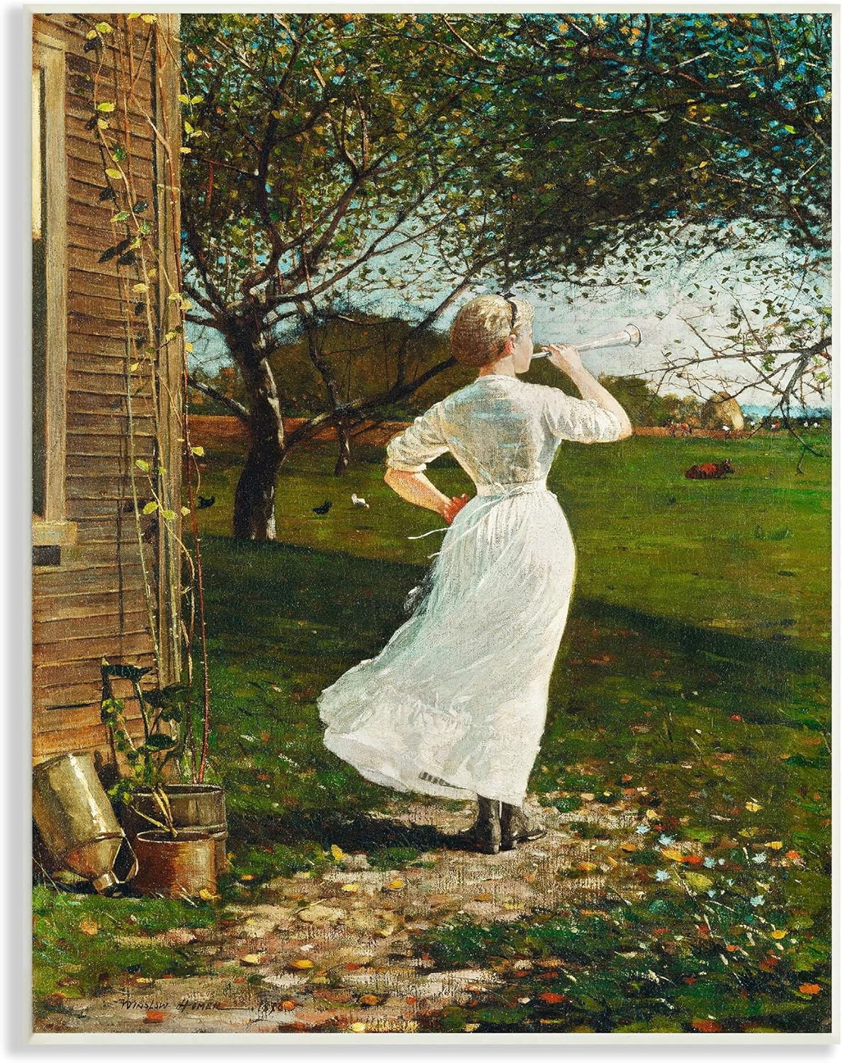 Stupell Industries Classic Woman Instrument Rural Vintage House Painting, Lettered and Lined Design