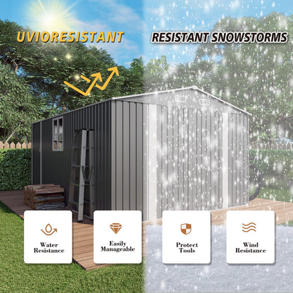 Vigo huseeo 10x14x6.7FT Outdoor Storage Shed, Galvanized Steel Garden Shed with Lockable Door & Window, Waterproof Metal Tool Storage for Garden, Backyard, Patio, Lawn(Grey)