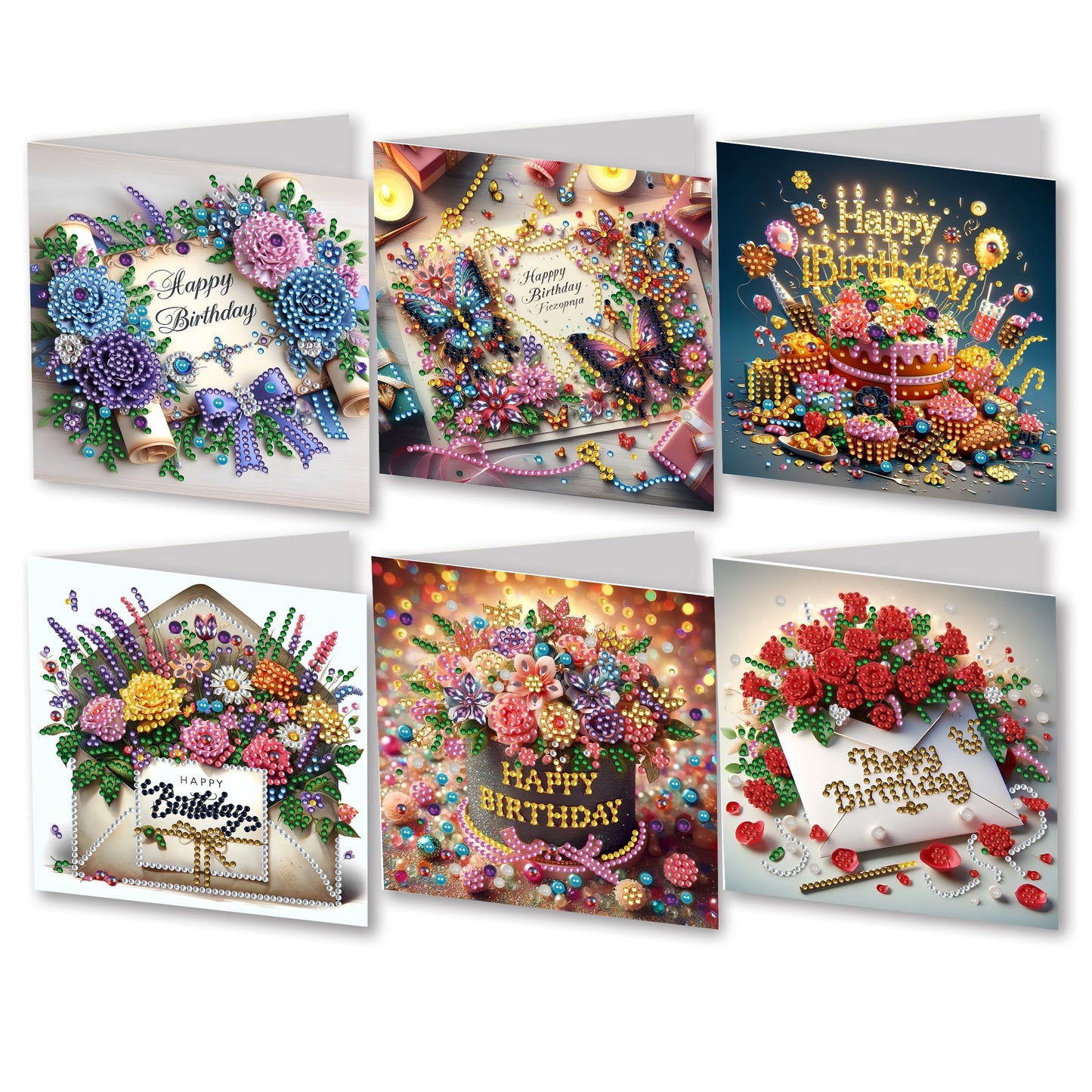 JJFox 6 Packs DIY 5D Diamond Painting Cards Kits for Adults，Special Shaped Rhinestone，Diamond Art Greeting Cards Gem Art Cards，Thank You Cards Blessing Gift for Women, Men, Mom, Grandma (Birthday-1)