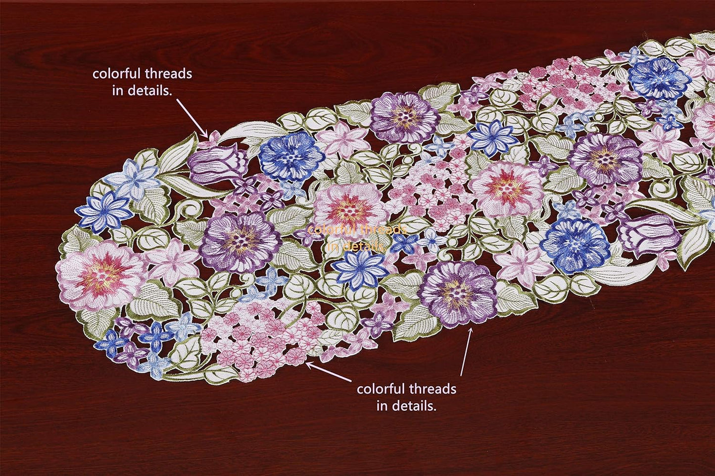 Flowery Table Runner 13"×54", Cutwork Embroidered Floral Dresser Scarf for Home Kitchen Dining