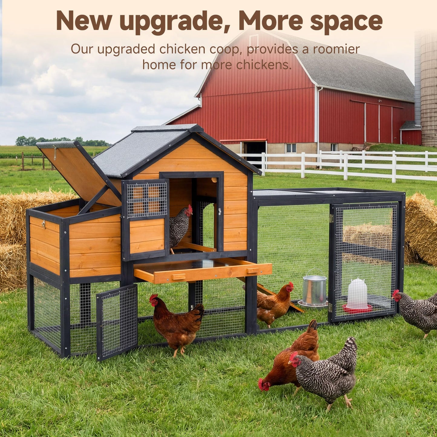 WHEGETED Large Chicken Coop Outdoor Durable Duck House Poultry Pet Hutch & 2 Wood Eggs Run Cage Nesting Box Waterproof Asphalt Roof Ramp Removable Tray Wire Fence for Backyard Small Animal 79" Orange